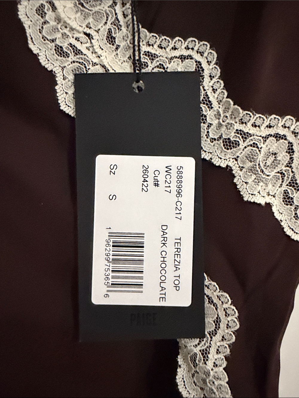 NWT PAIGE dark chocolate camisole with ivory lace - Picture 2 of 6